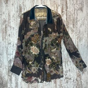 Barbara Katz Floral Button Down Blouse Size Small
